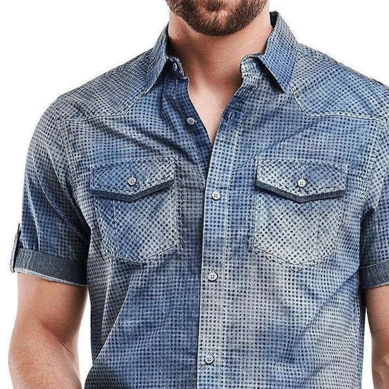 Men's Retro Washed Polka Dot Denim Short Sleeve Shirt 34744772U