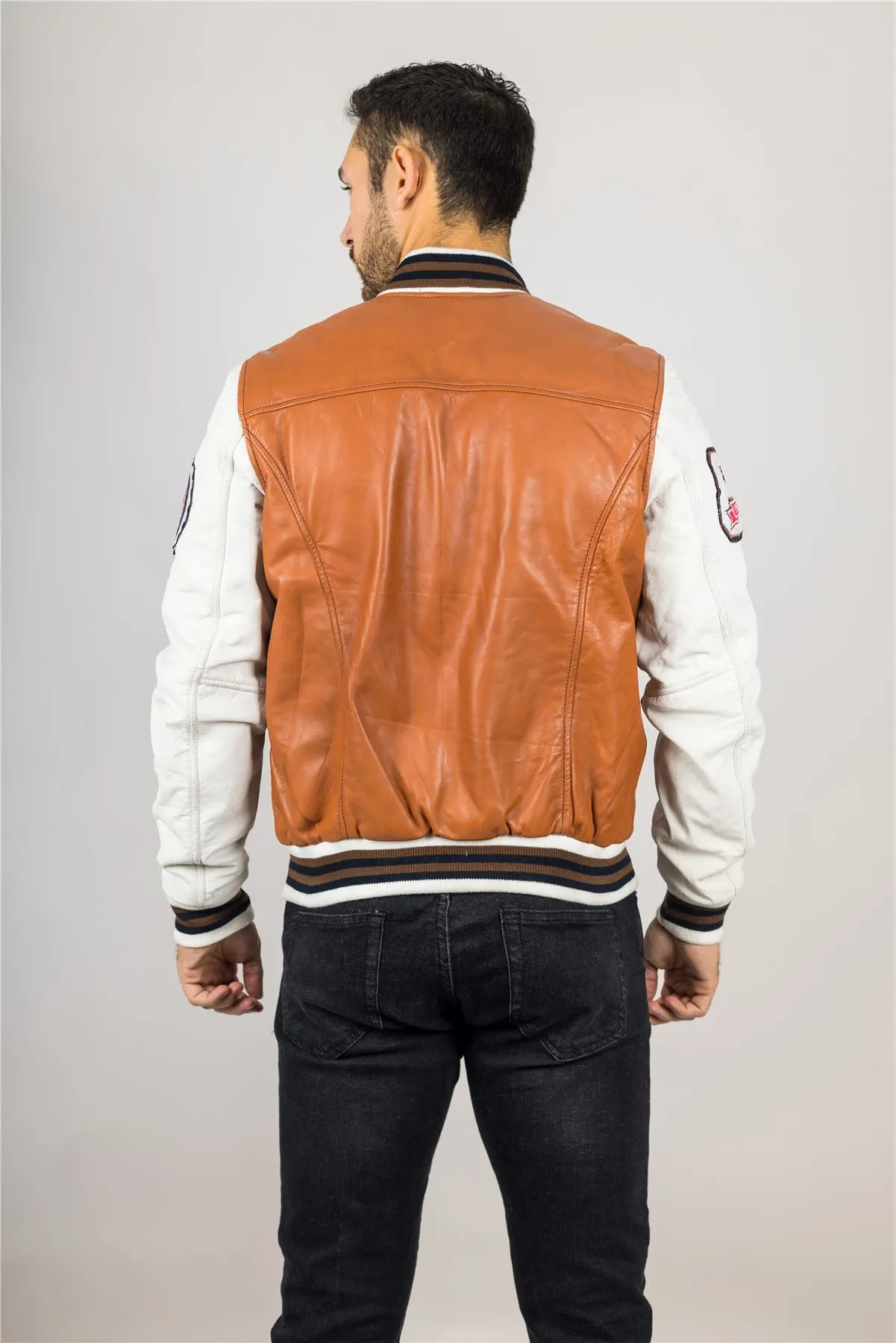 Men's Tan Brown Leather Letterman Bomber Jacket