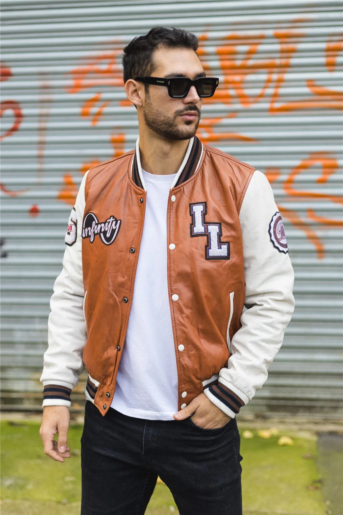 Men's Tan Brown Leather Letterman Bomber Jacket