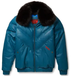 Men's Teal Leather V-Bomber Jacket