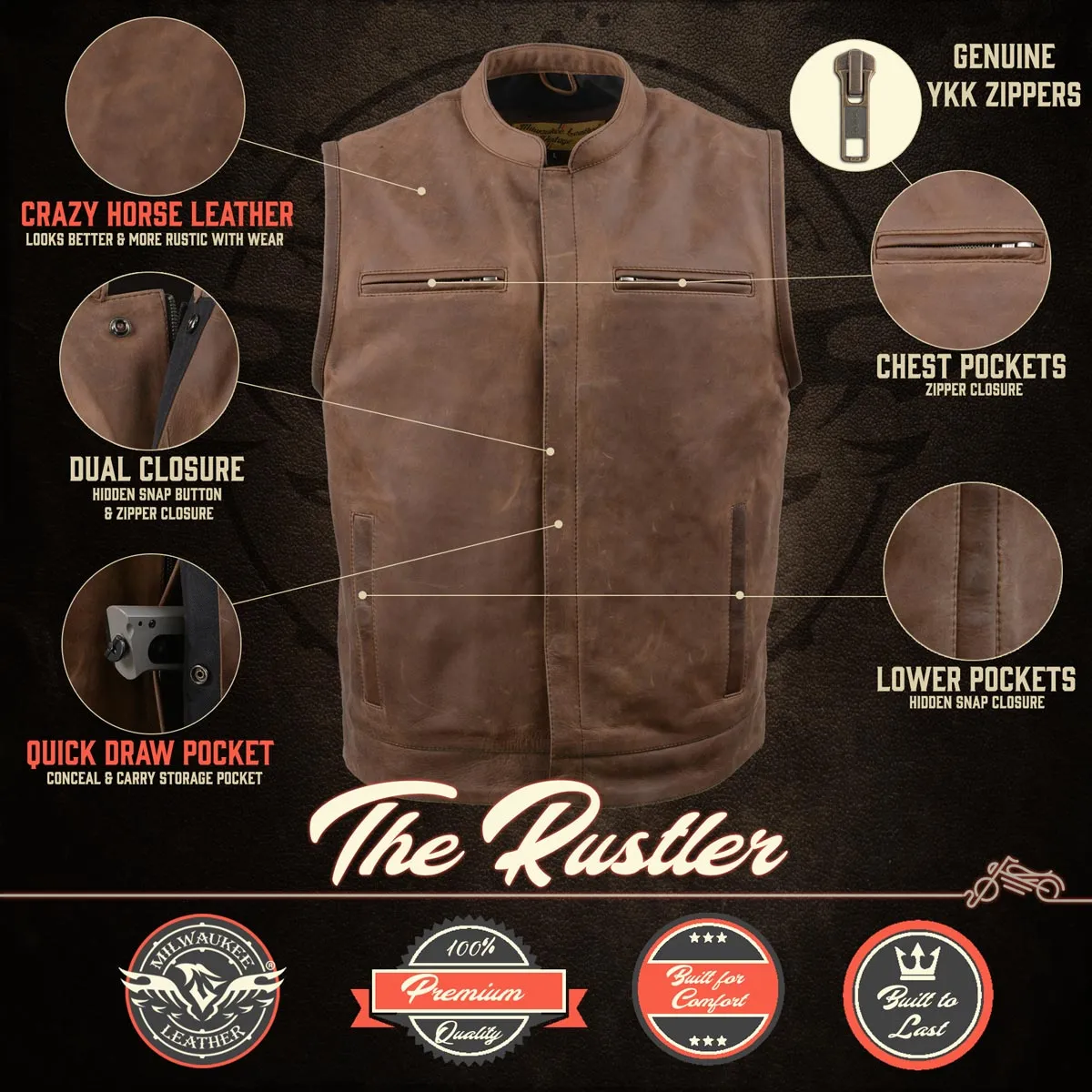 Milwaukee Leather MLM3519 Men's “Gambler” Crazy Horse Brown Vintage Leather Vest - Club Style Motorcycle Rider Vest