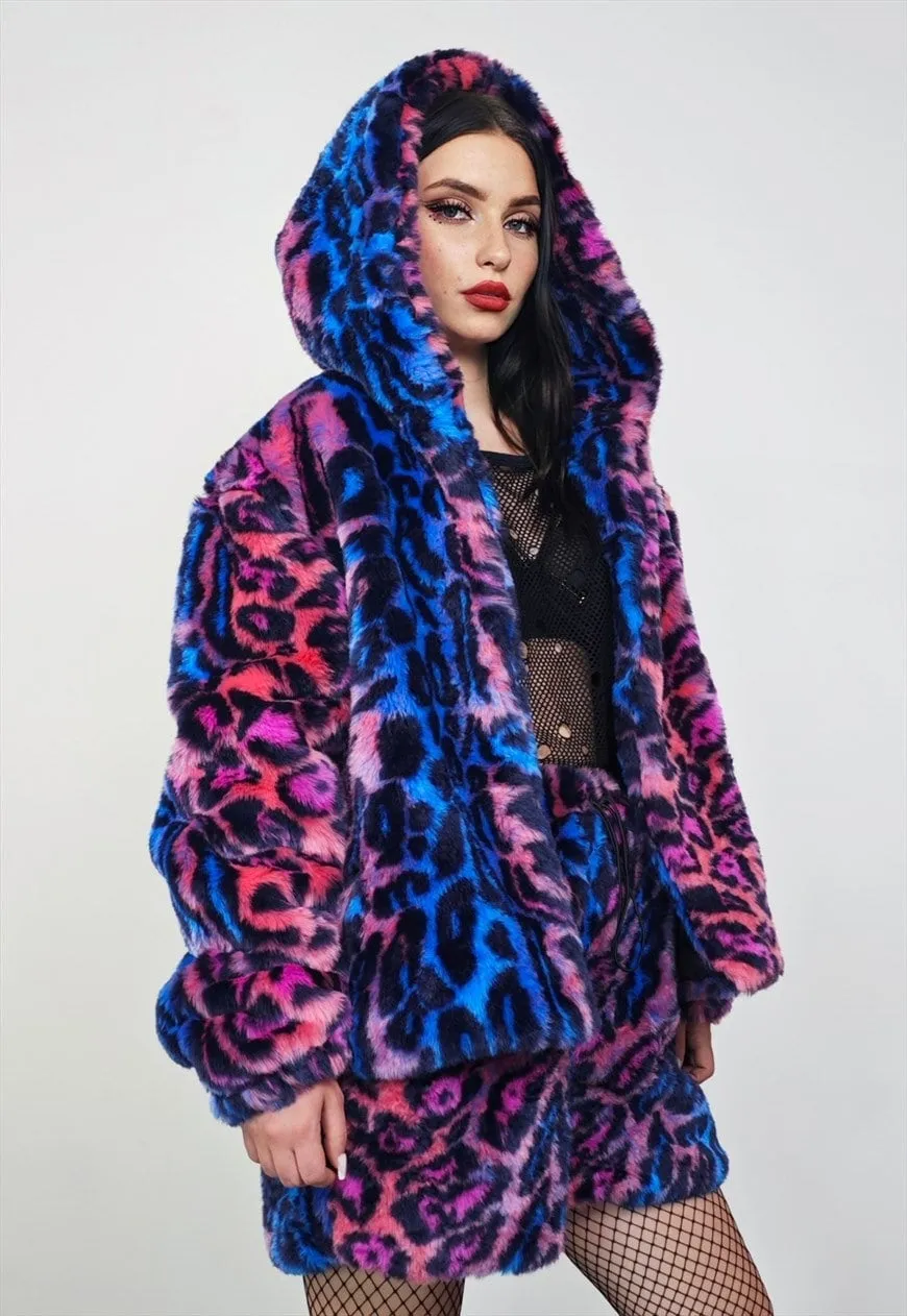 Neon leopard hooded jacket blue cropped animal print bomber