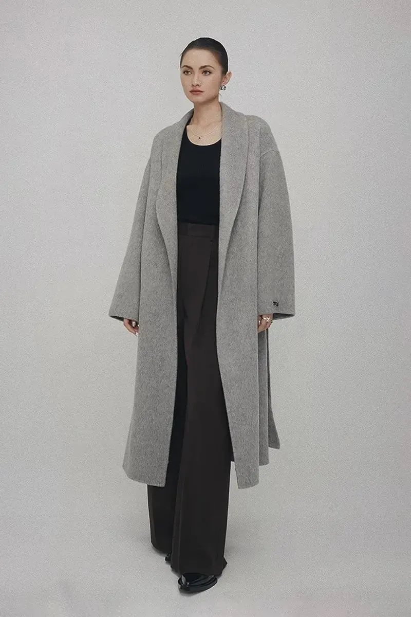 Oversized 100 Wool Open-Front Coat with Belt