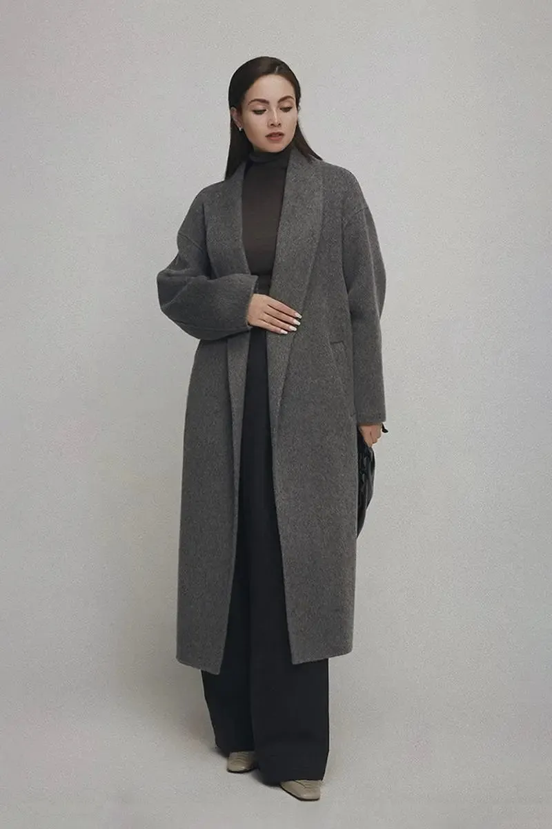 Oversized 100 Wool Open-Front Coat with Belt