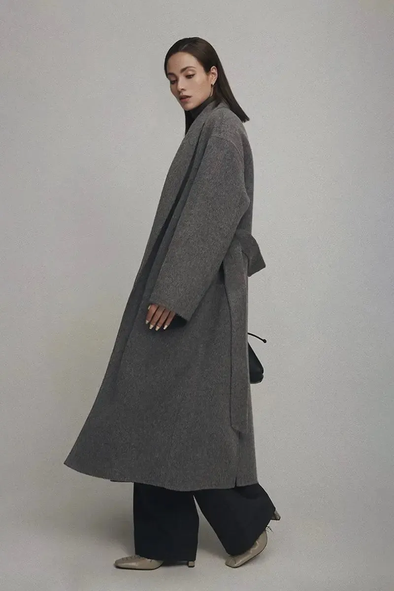 Oversized 100 Wool Open-Front Coat with Belt