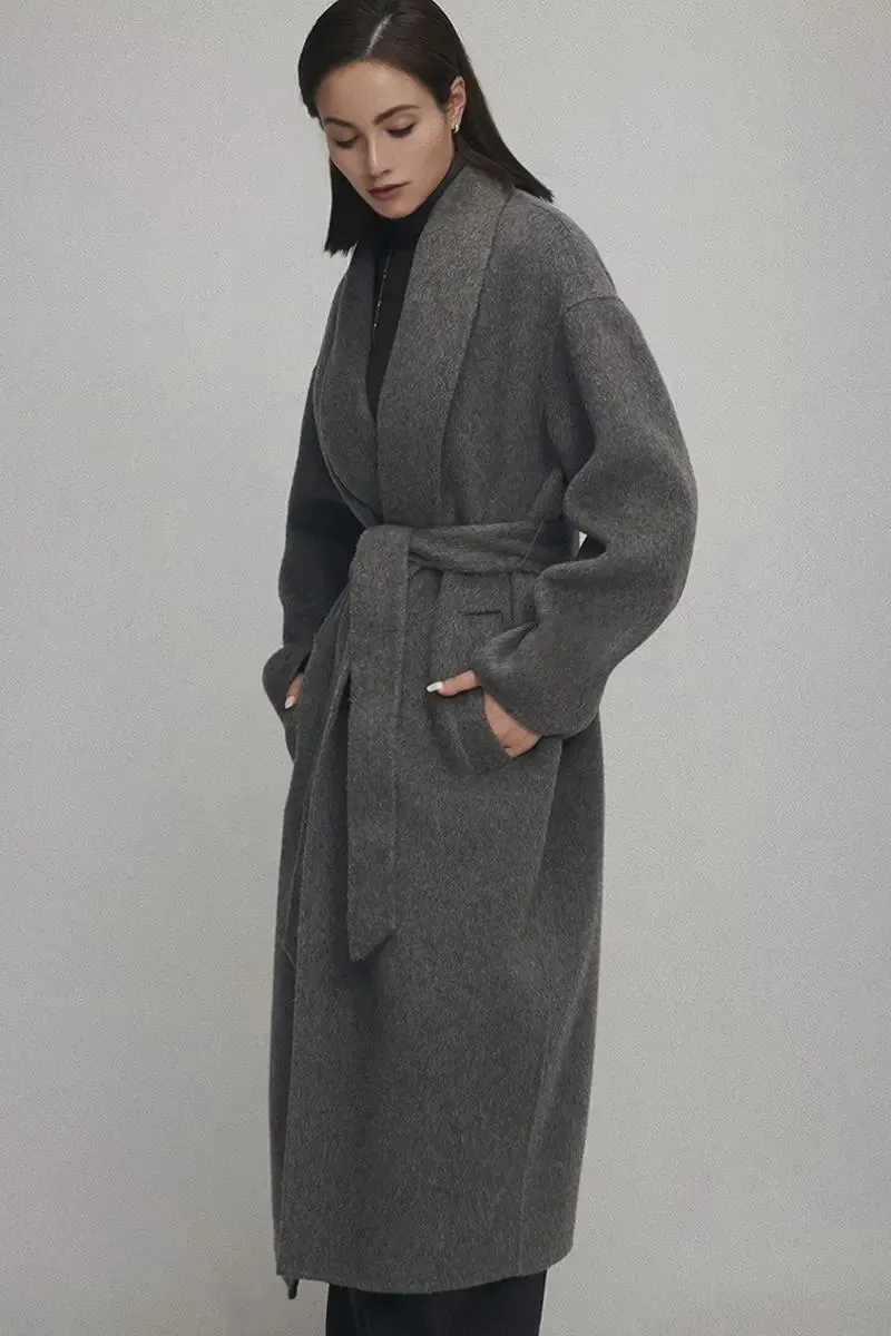 Oversized 100 Wool Open-Front Coat with Belt