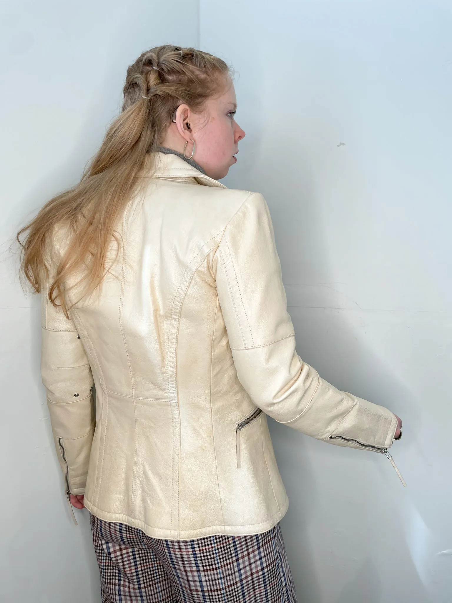 OXMO Cream Genuine Leather Moto Jacket - XS / Small