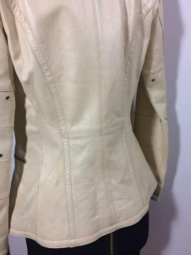 OXMO Cream Genuine Leather Moto Jacket - XS / Small