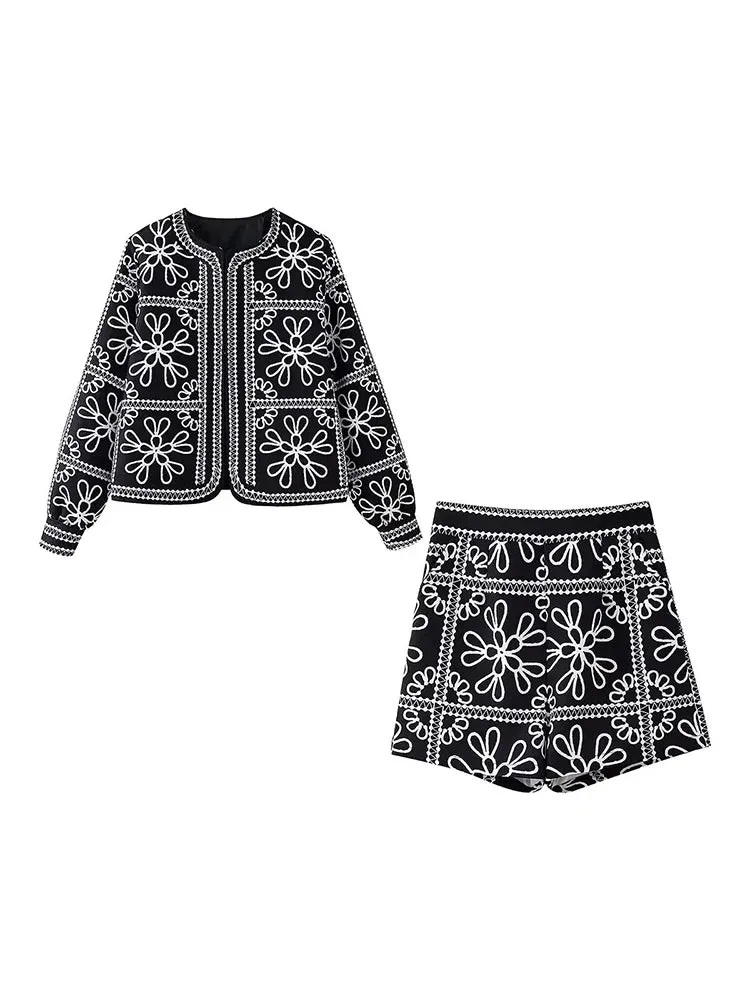 Patchwork O Neck Long Sleeve Mini Coat High Waist Shorts Set