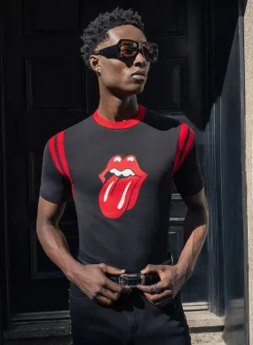 Phix X Rolling Stones Black Cotton Tongue Ribbed 70's Polo Shirt