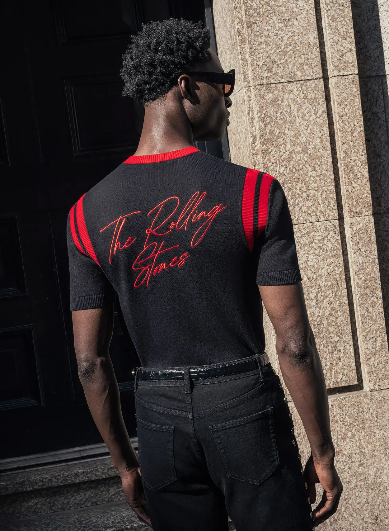 Phix X Rolling Stones Black Cotton Tongue Ribbed 70's Polo Shirt