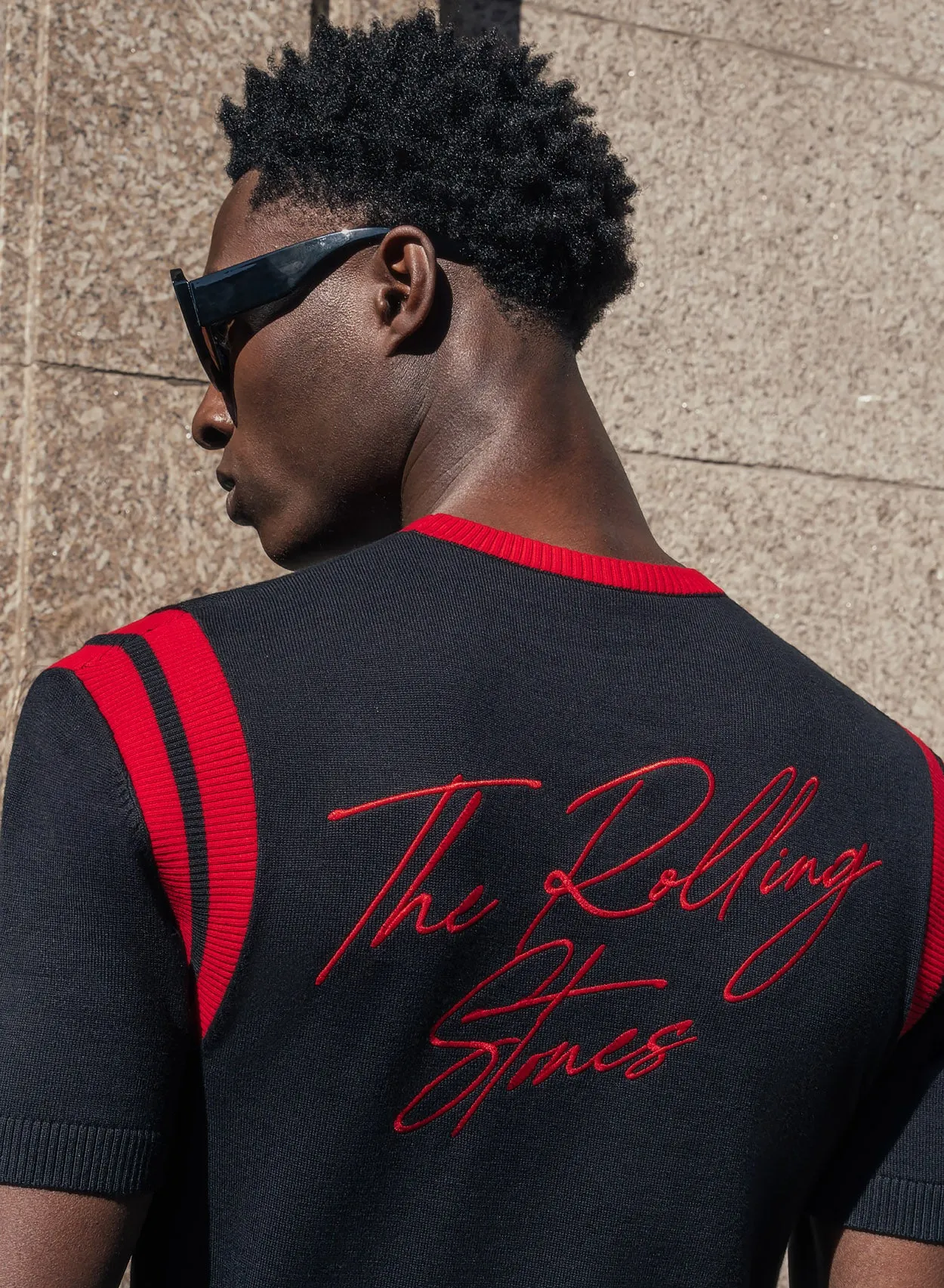 Phix X Rolling Stones Black Cotton Tongue Ribbed 70's Polo Shirt