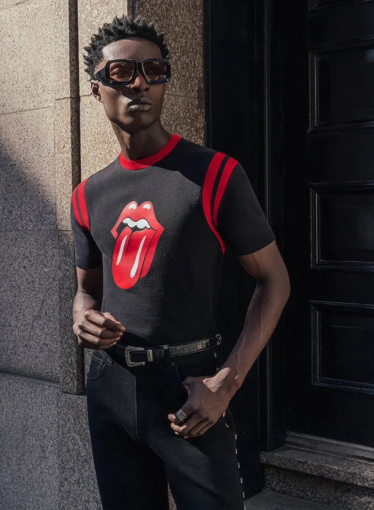 Phix X Rolling Stones Black Cotton Tongue Ribbed 70's Polo Shirt