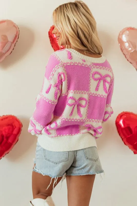 Pink Bow Knot Two Tone Checkered Crew Neck Sweater