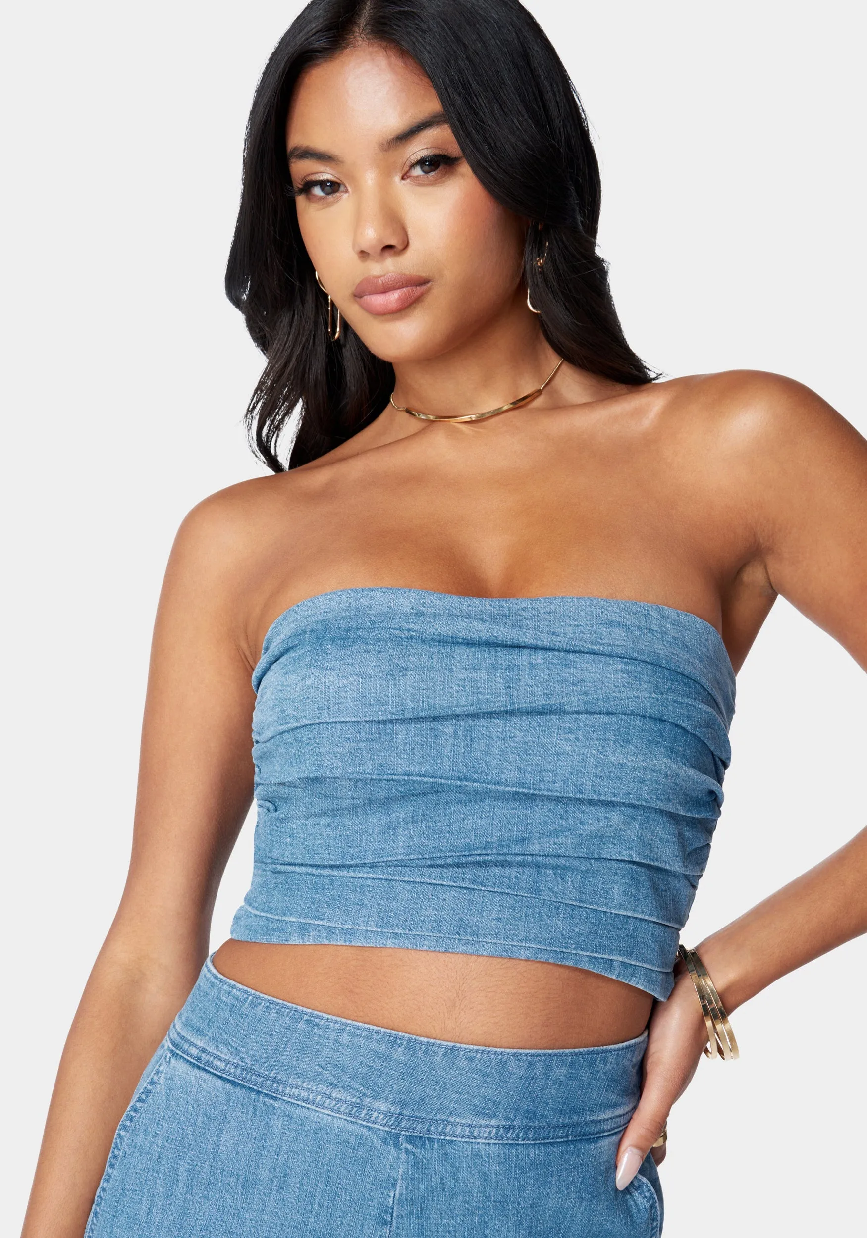 Pleated Bandeau Denim Top