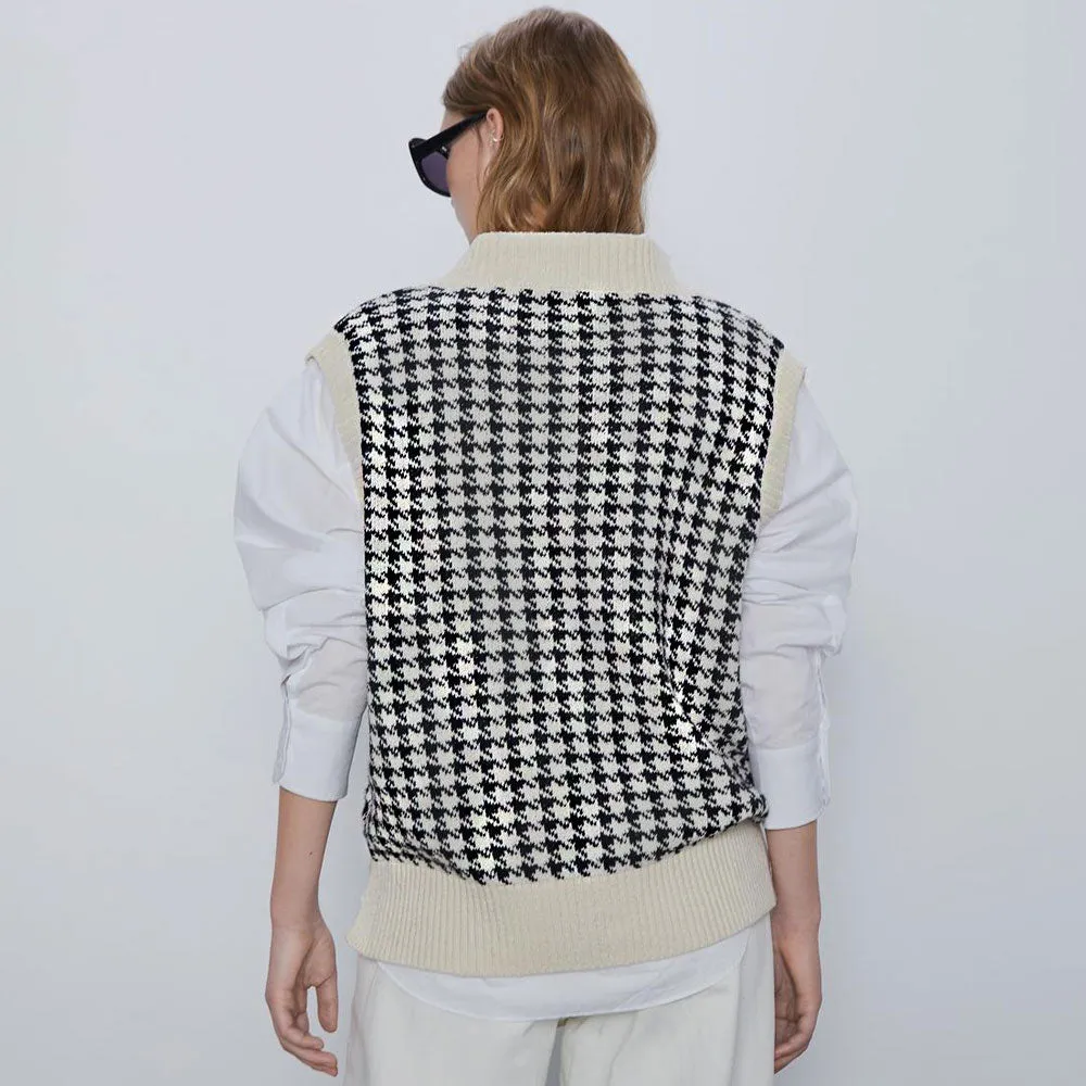 Preppy V Neck Two Tone Houndstooth Oversized Sweater Vest