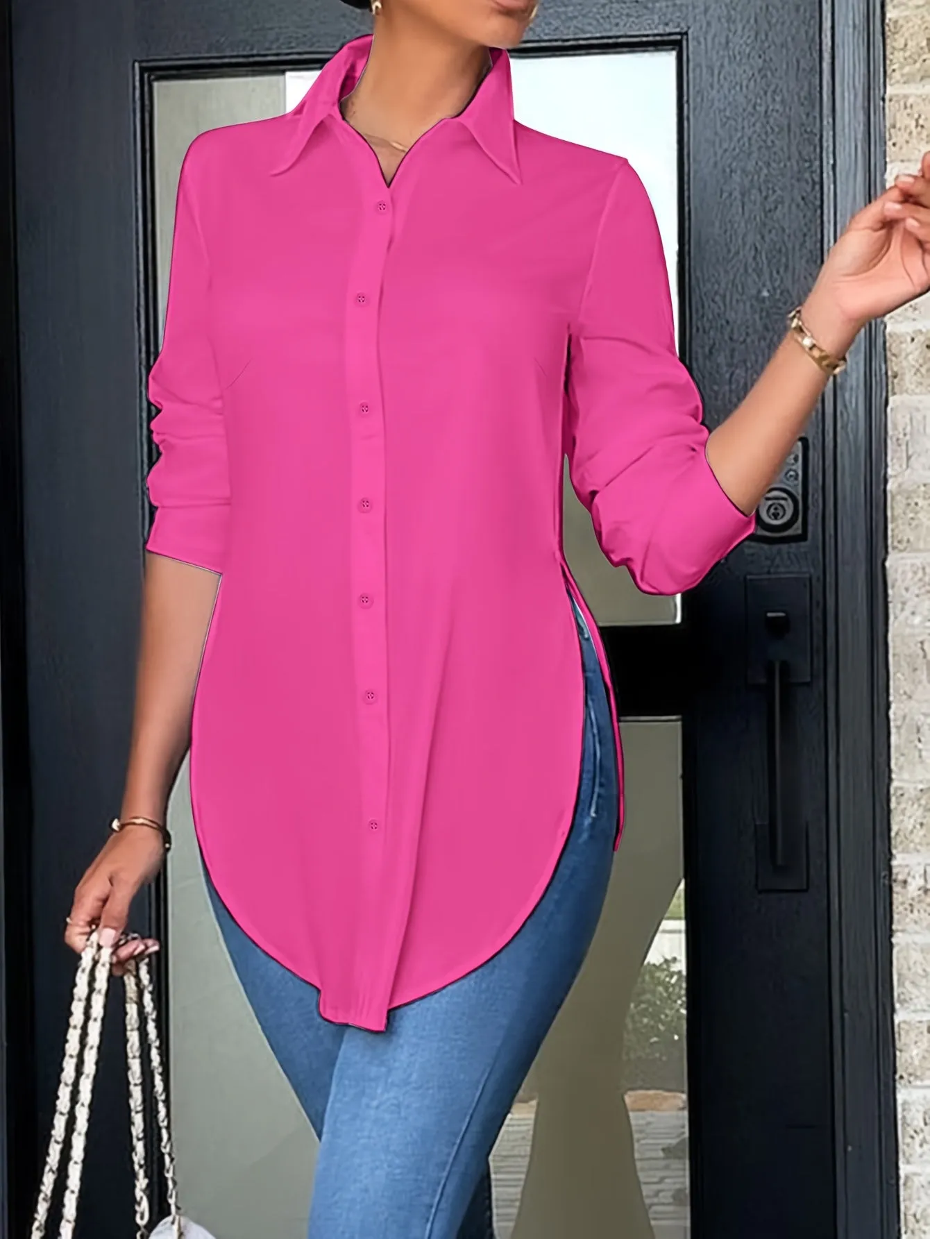 Purpdrank Womens Elegant Split Button Front Long Sleeve Shirt - Soft Polyester, Semi-Sheer, Lapel Collar, Curved Hem, Machine Washable, All-Season Fashion Essential