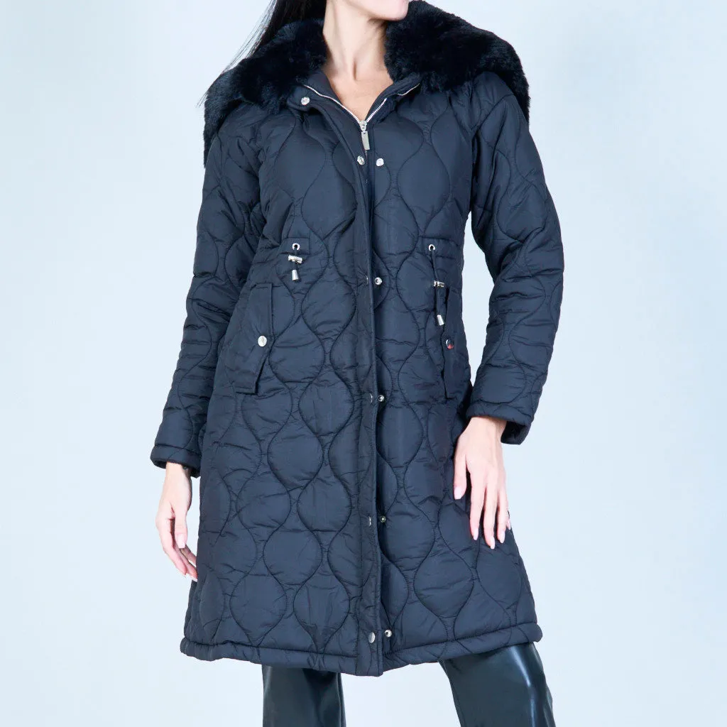 Quilted coat with faux fur hood wholesale