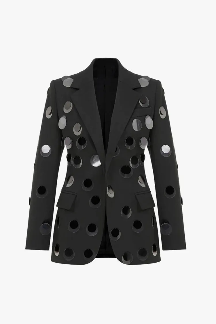 Radiate Sequin Notched Lapel Padded Shoulder One Button Tailored Blazer