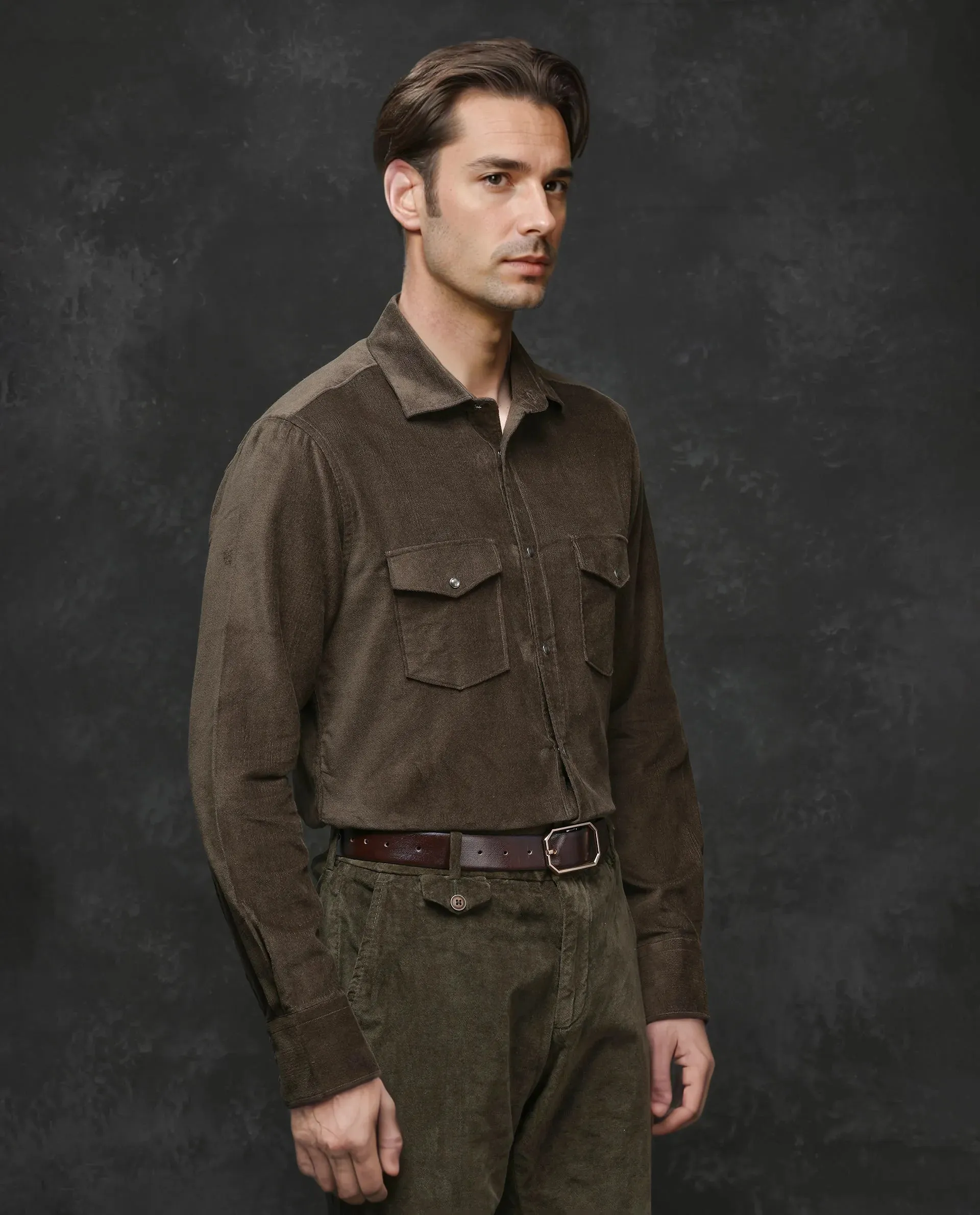 Rare Rabbit Men Cordin-2 Olive Full Sleeve Regular Collared Button Closure Double Pocketed Regular Fit Textured Shirt