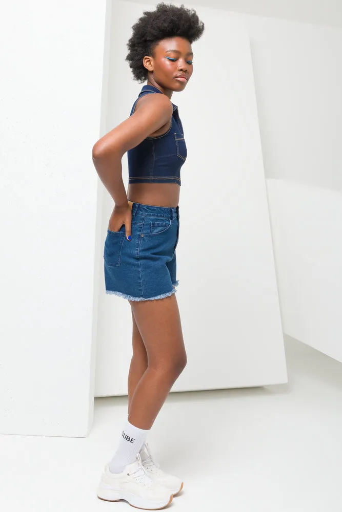 Raw Edge Denim Shorts Blue