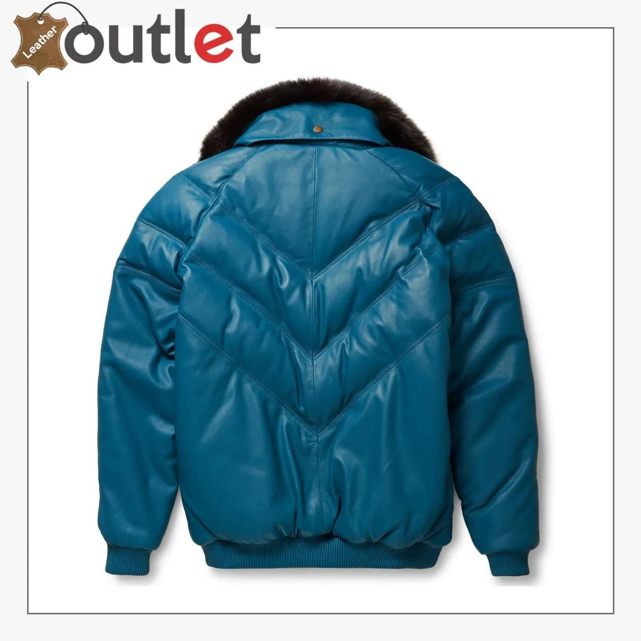 Real Quality Fur Teal Leather V Bomber Jacket