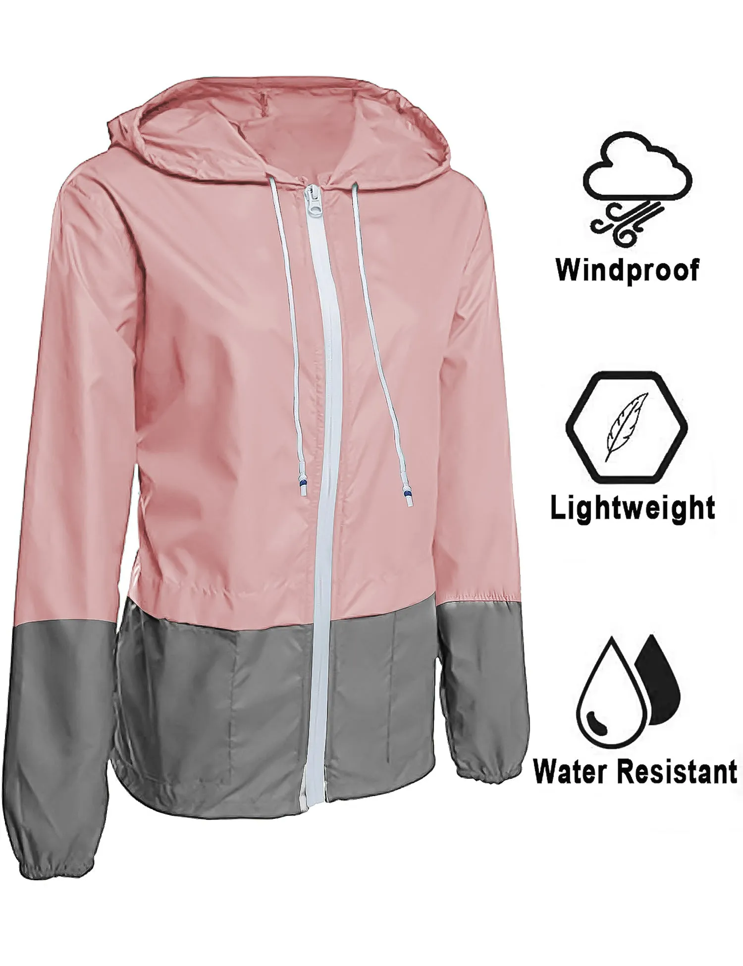 Rosvigor Womens Waterproof Raincoat Lightweight Color Block Jackets Windproof Hooded Jacket with Pockets