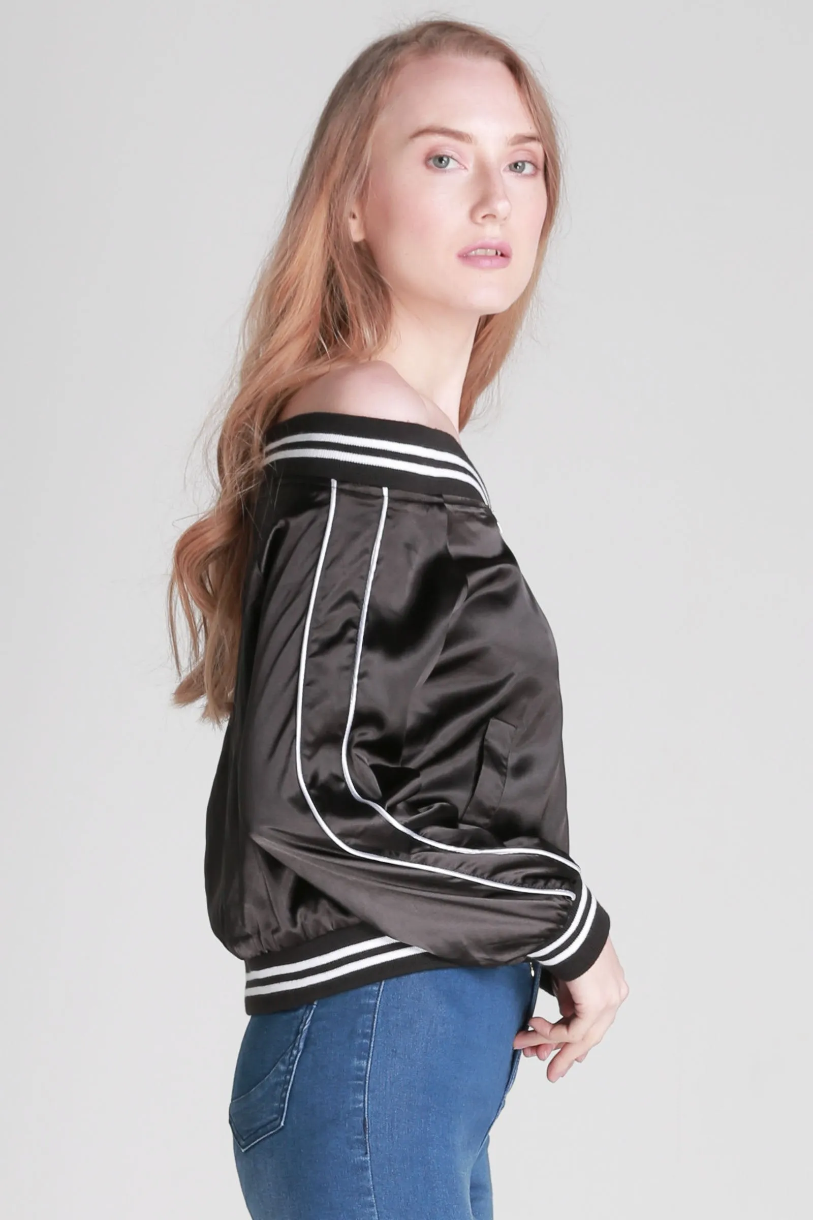  Satin Off-shoulder Bomber Jacket