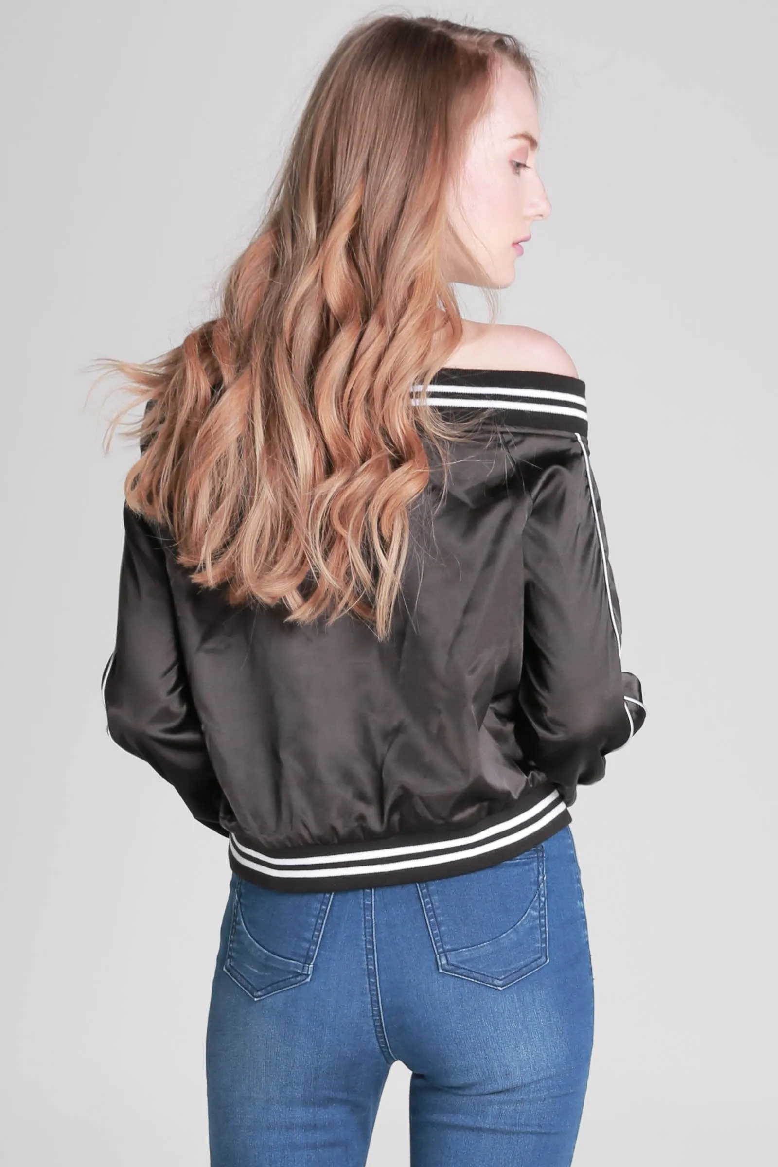  Satin Off-shoulder Bomber Jacket