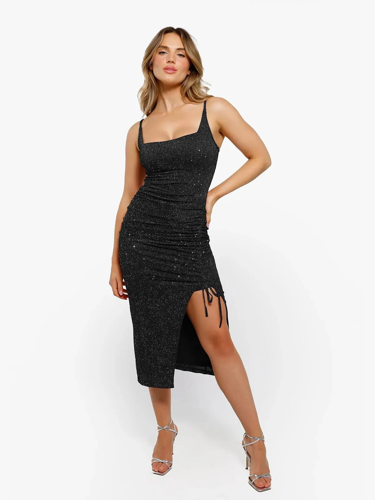 Shapewear Metallic Knit Bodycon Sculpting Midi Slip Dress