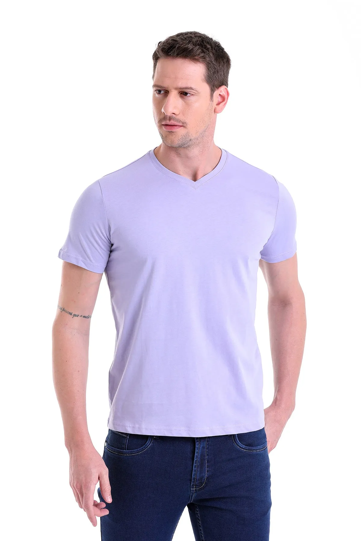 Slim Fit Basic Cotton Lilac V-Neck T-Shirt