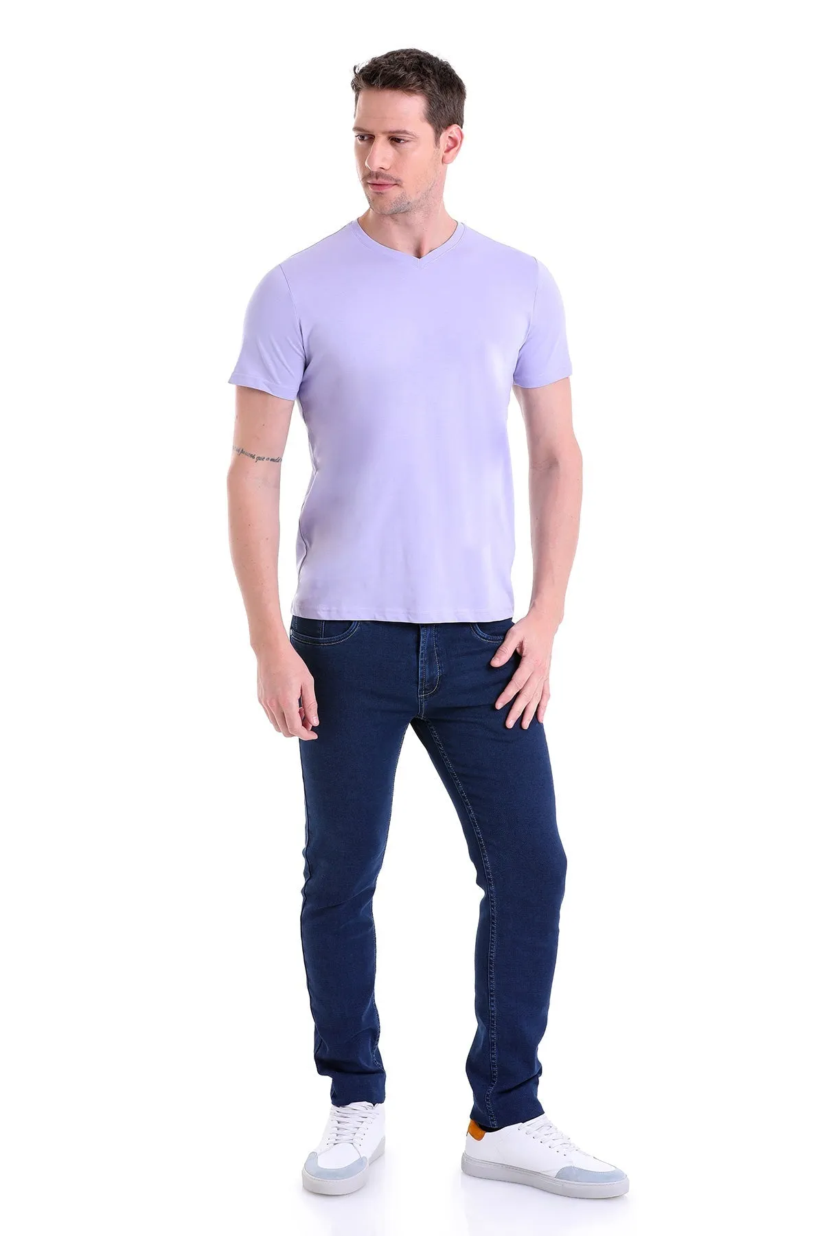 Slim Fit Basic Cotton Lilac V-Neck T-Shirt