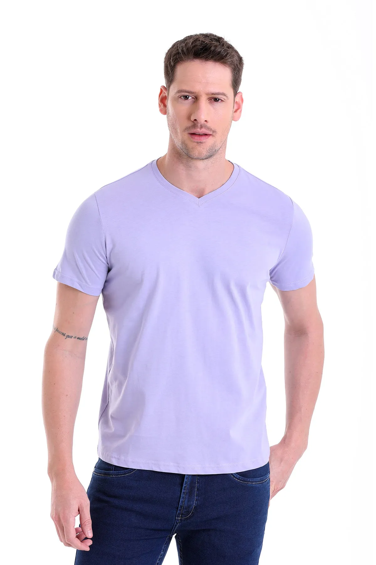 Slim Fit Basic Cotton Lilac V-Neck T-Shirt