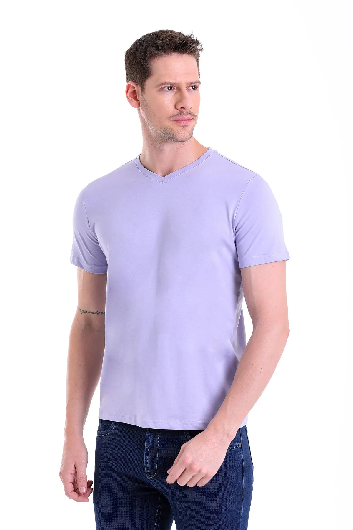 Slim Fit Basic Cotton Lilac V-Neck T-Shirt