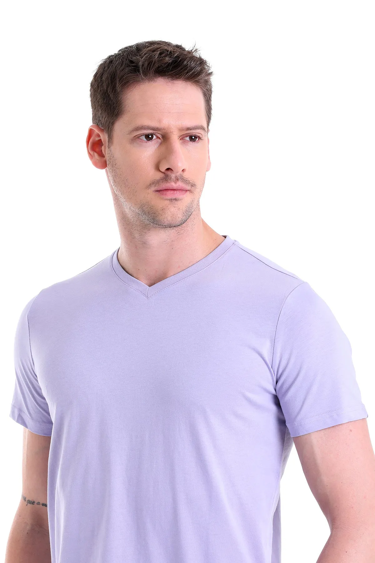 Slim Fit Basic Cotton Lilac V-Neck T-Shirt