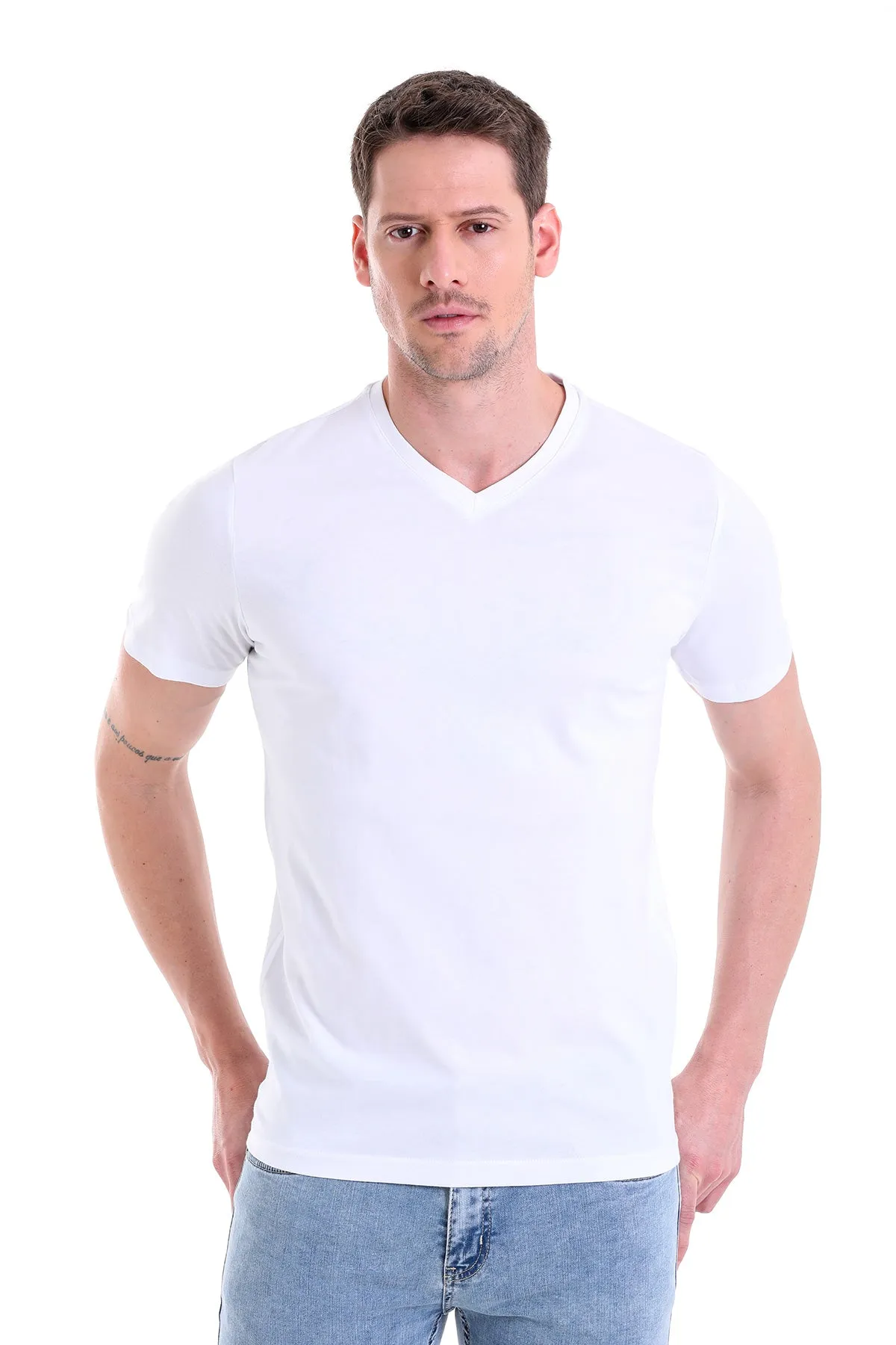 Slim Fit Basic Cotton White V-Neck T-Shirt