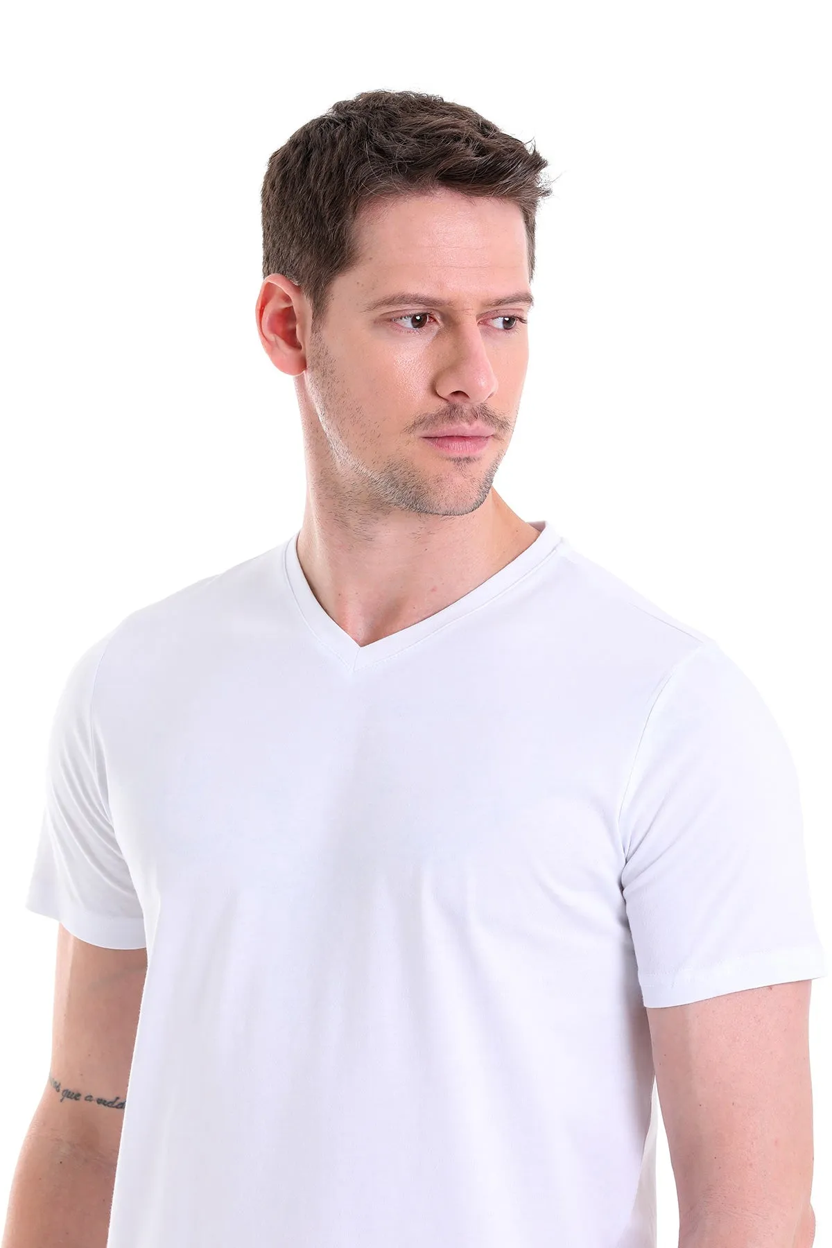 Slim Fit Basic Cotton White V-Neck T-Shirt