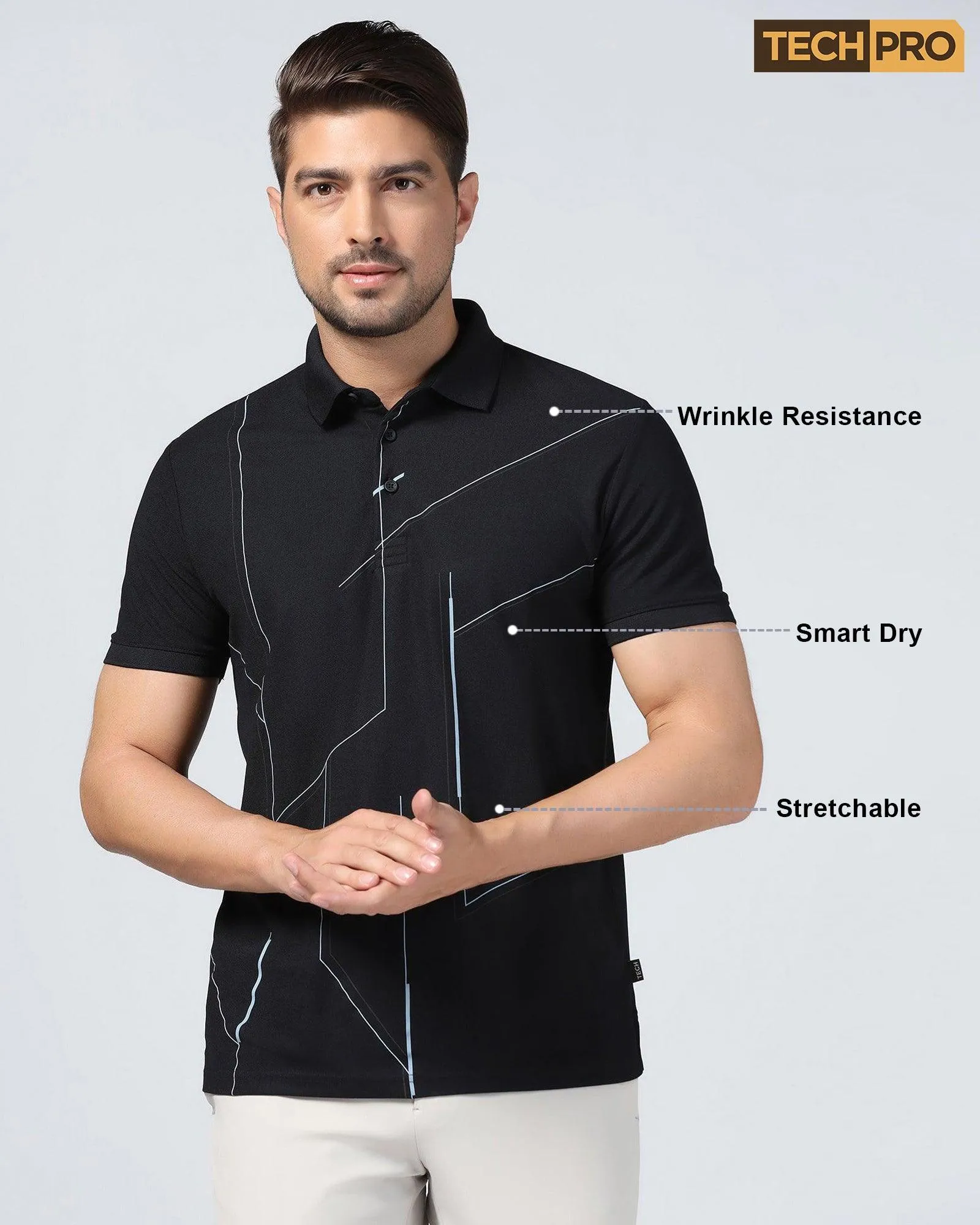 TechPro Polo Black Printed T-Shirt - Vine