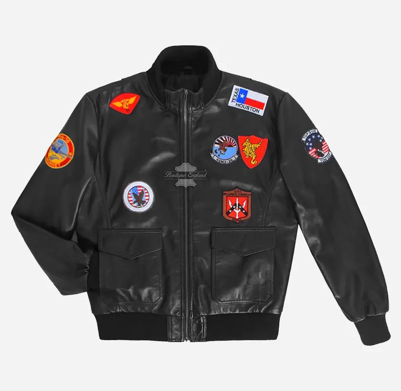 TOP GUN Black Leather Bomber Jacket with Badges For Men