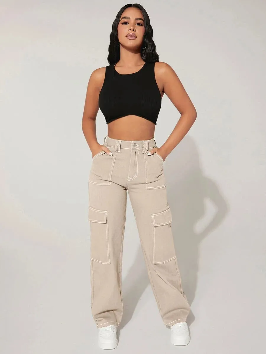 Trendy High Waist Flap Pocket Denim Cargo Jeans