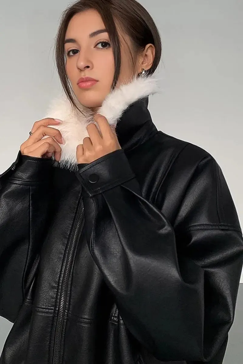 Vintage Faux Leather Bomber Jacket with Fur Collar