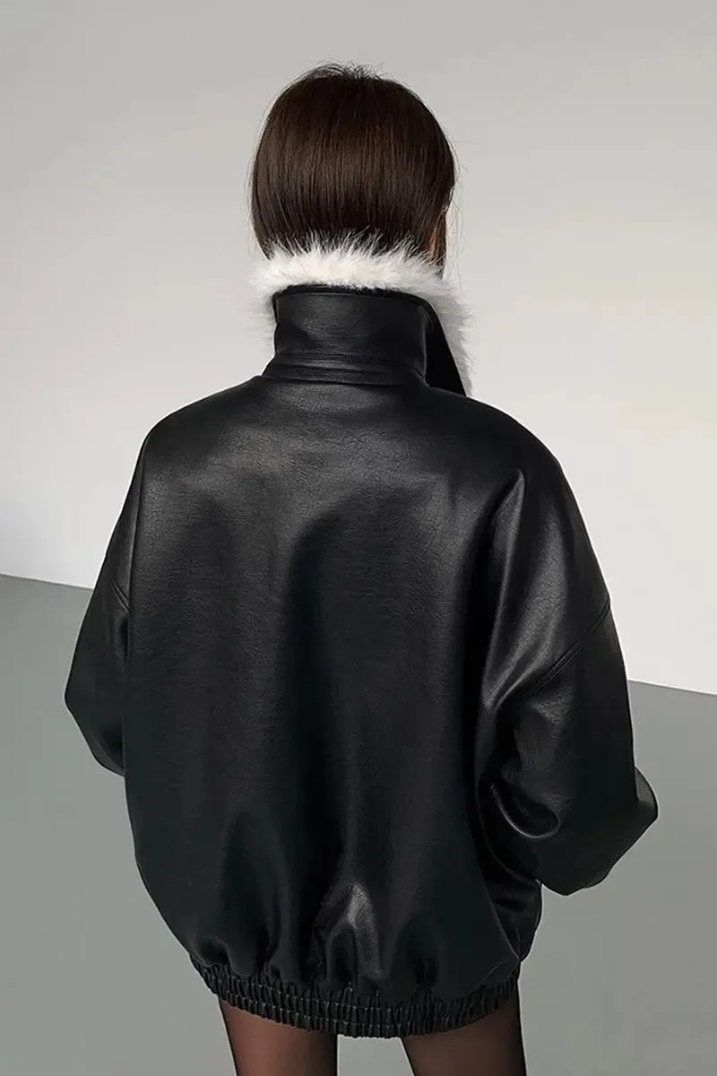 Vintage Faux Leather Bomber Jacket with Fur Collar