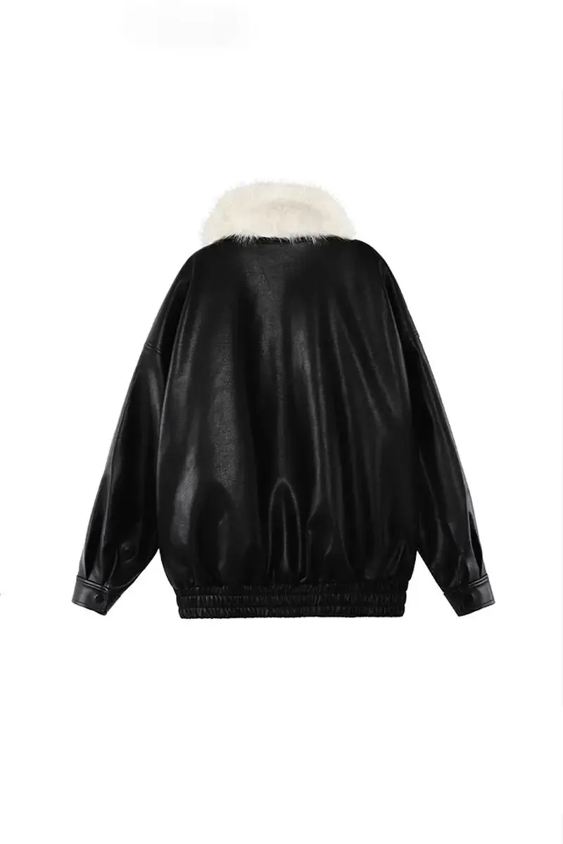 Vintage Faux Leather Bomber Jacket with Fur Collar