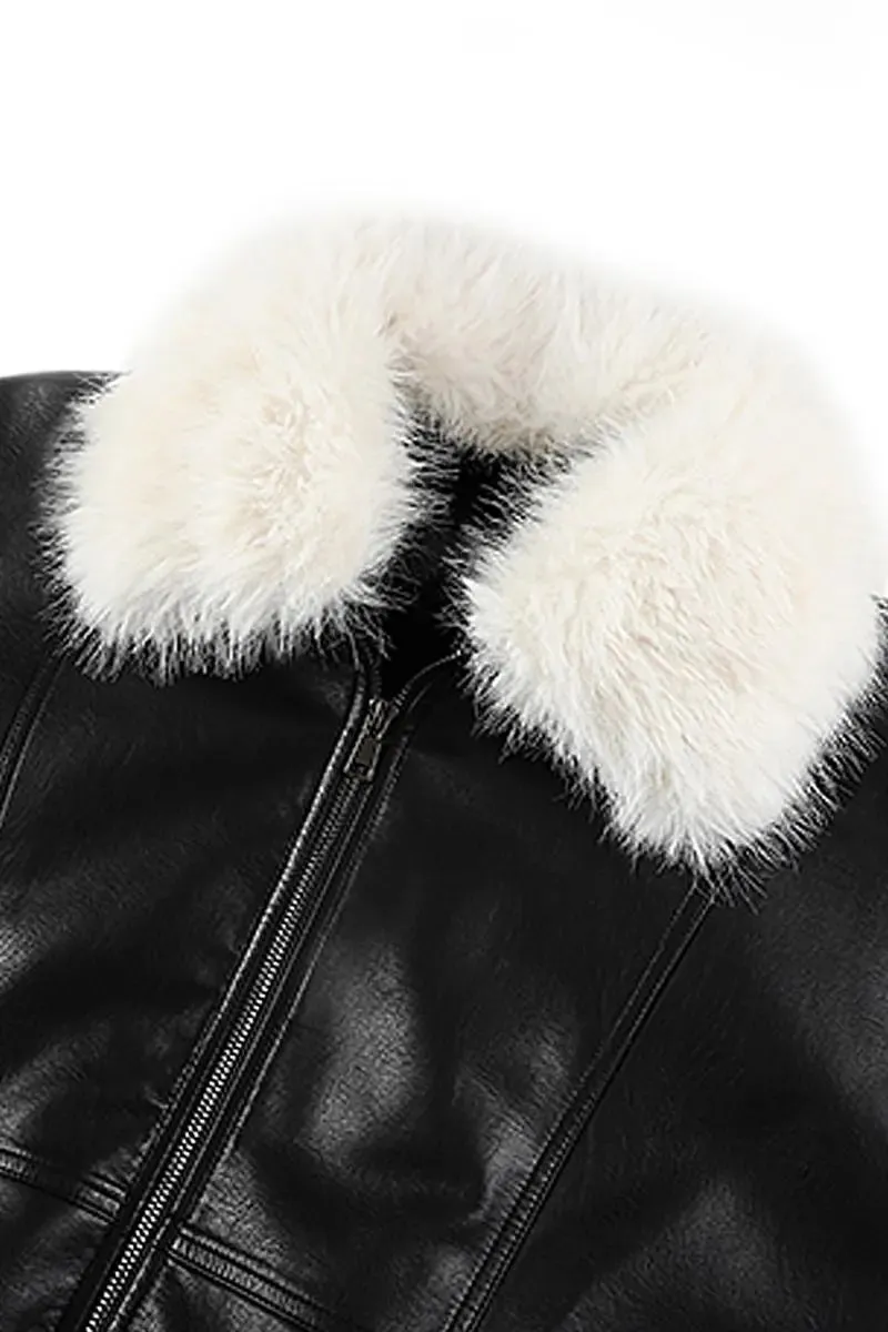 Vintage Faux Leather Bomber Jacket with Fur Collar