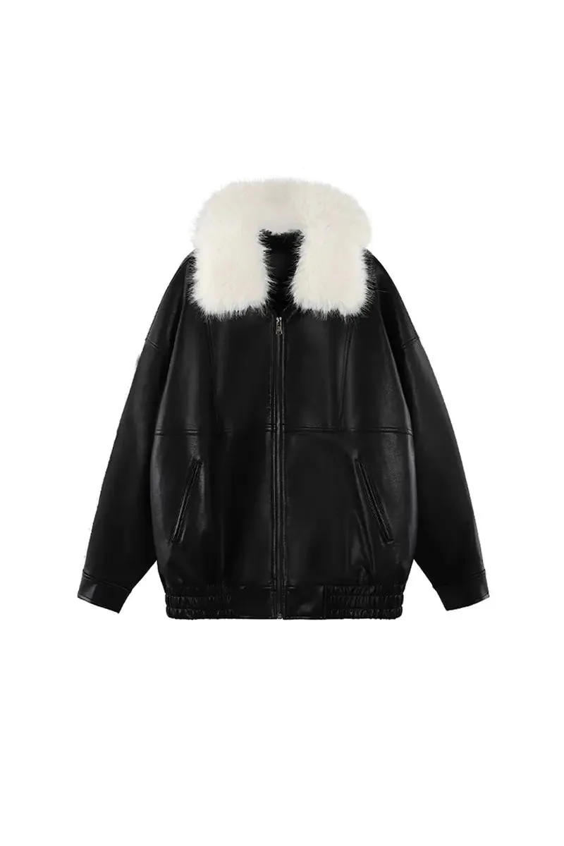 Vintage Faux Leather Bomber Jacket with Fur Collar