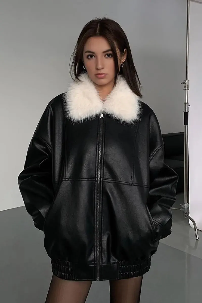 Vintage Faux Leather Bomber Jacket with Fur Collar