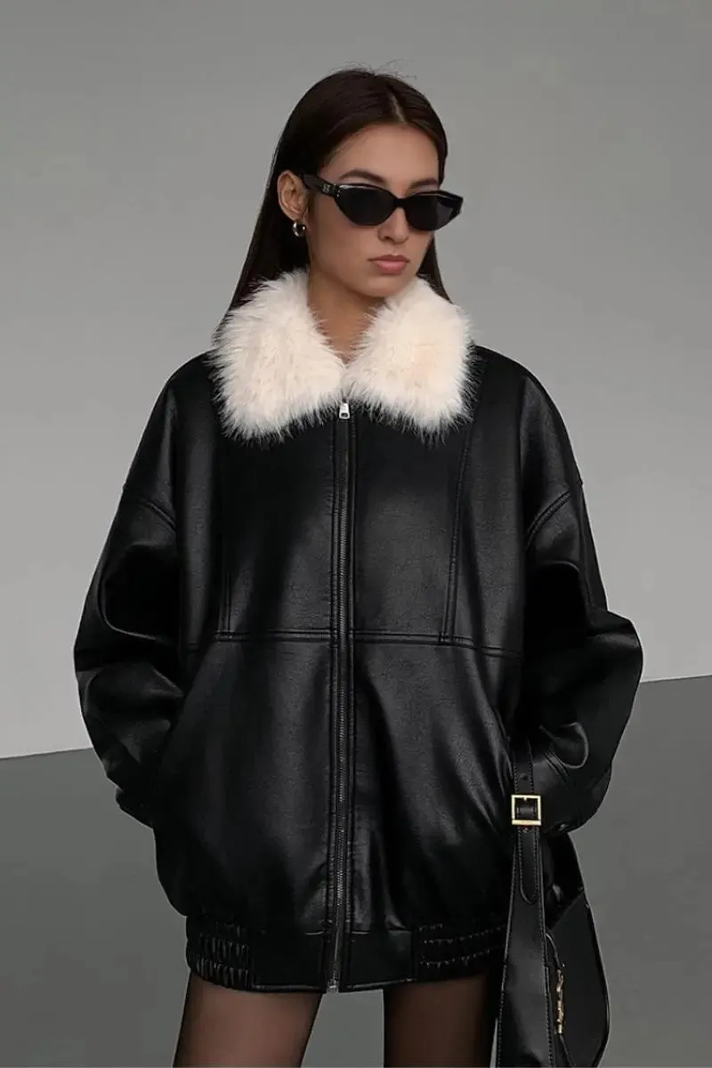 Vintage Faux Leather Bomber Jacket with Fur Collar