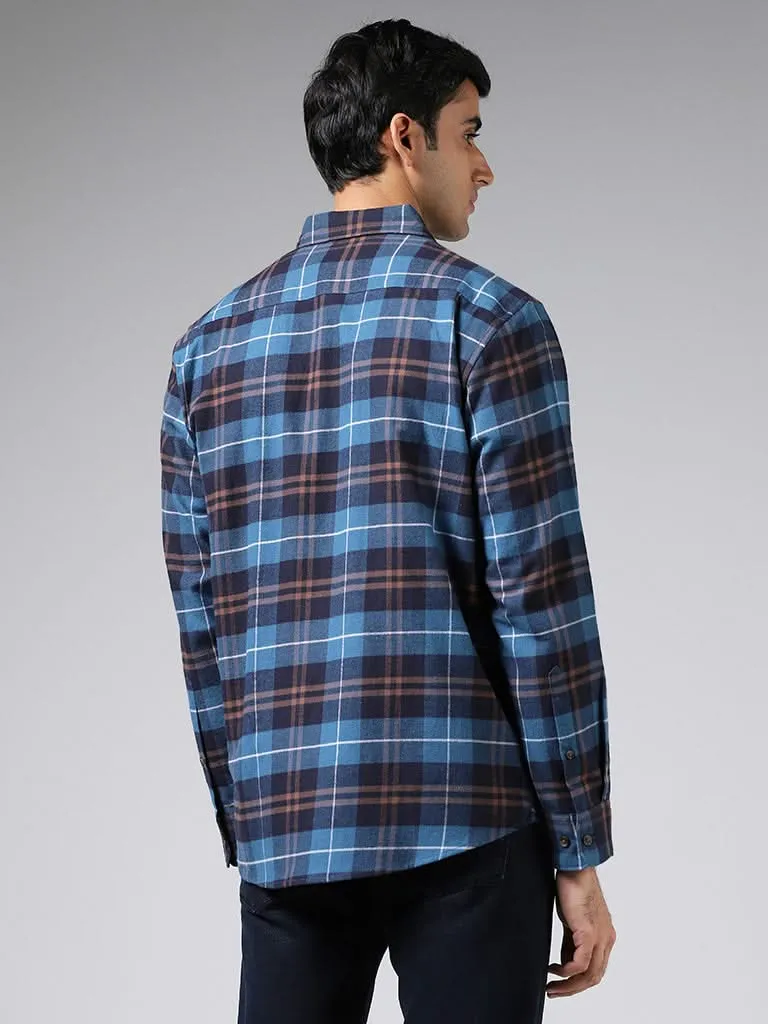 WES Casuals Blue Plaid Checked Cotton Relaxed Fit Shirt