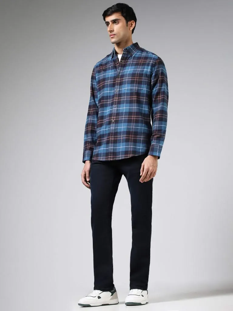 WES Casuals Blue Plaid Checked Cotton Relaxed Fit Shirt