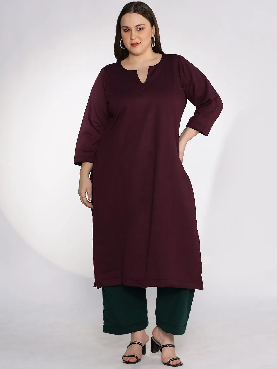 Wine Fleece LongKurta - Solid